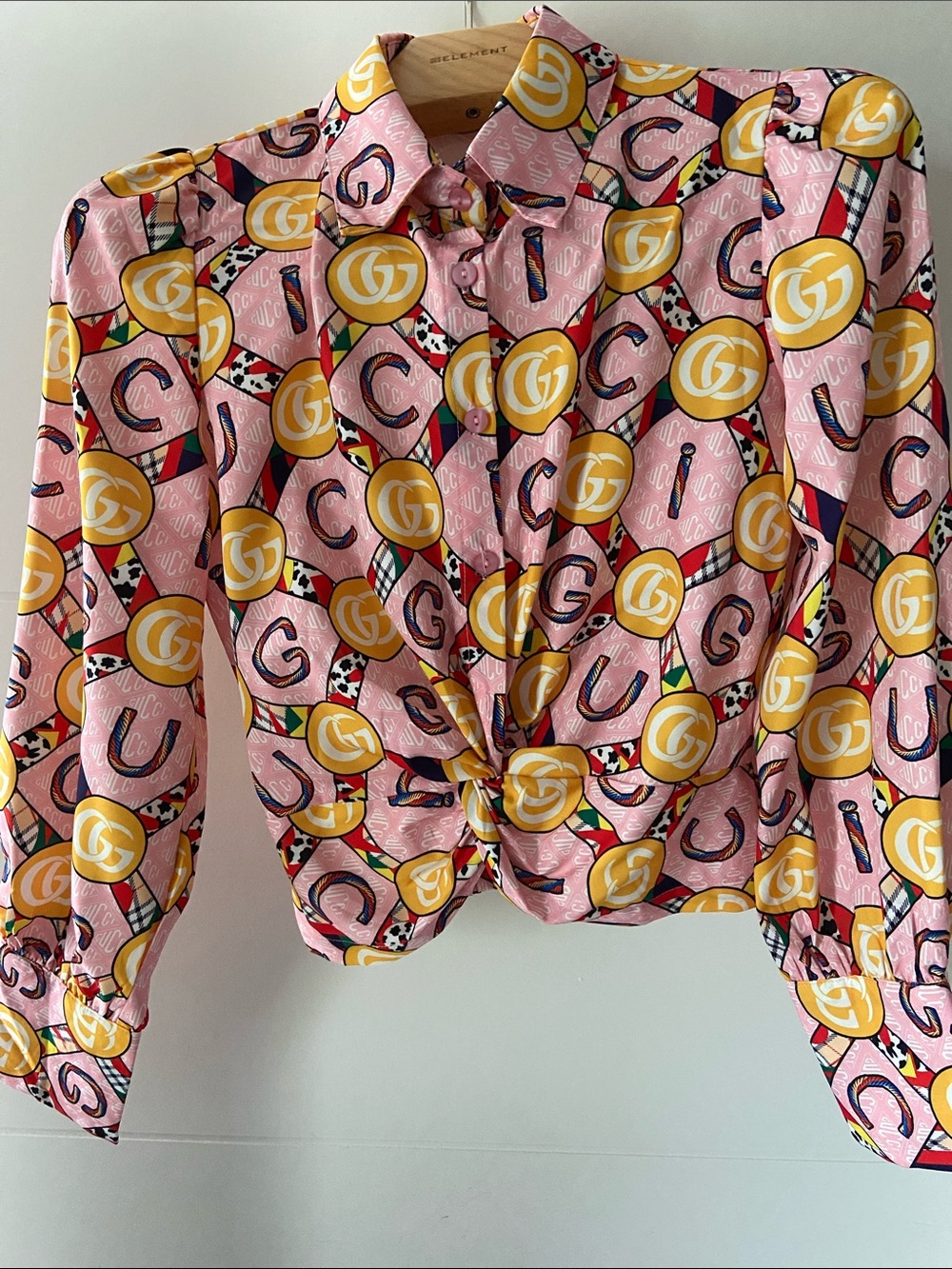 Pink Logo Print Knot-Front Button Shirt